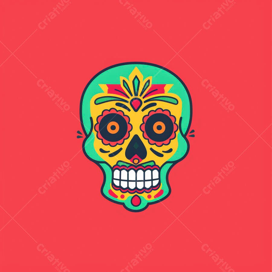 Caveira Mexicana colorida vibrante ilustração Dia dos Mortos