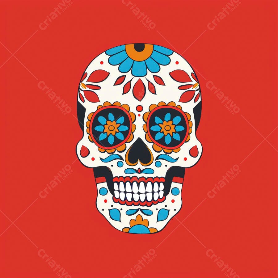 Crânio de açúcar mexicano Dia dos Mortos ilustração vibrante fundo vermelho