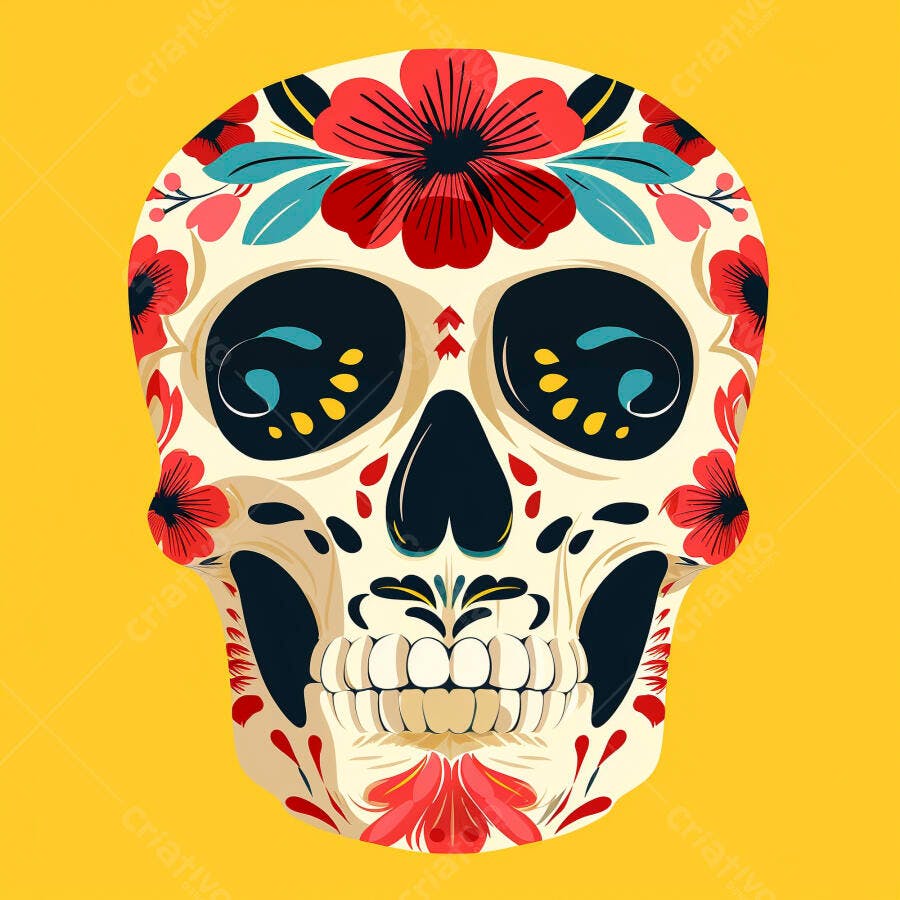Crânio mexicano decorado com flores vermelhas e folhas azuis para Dia dos Mortos