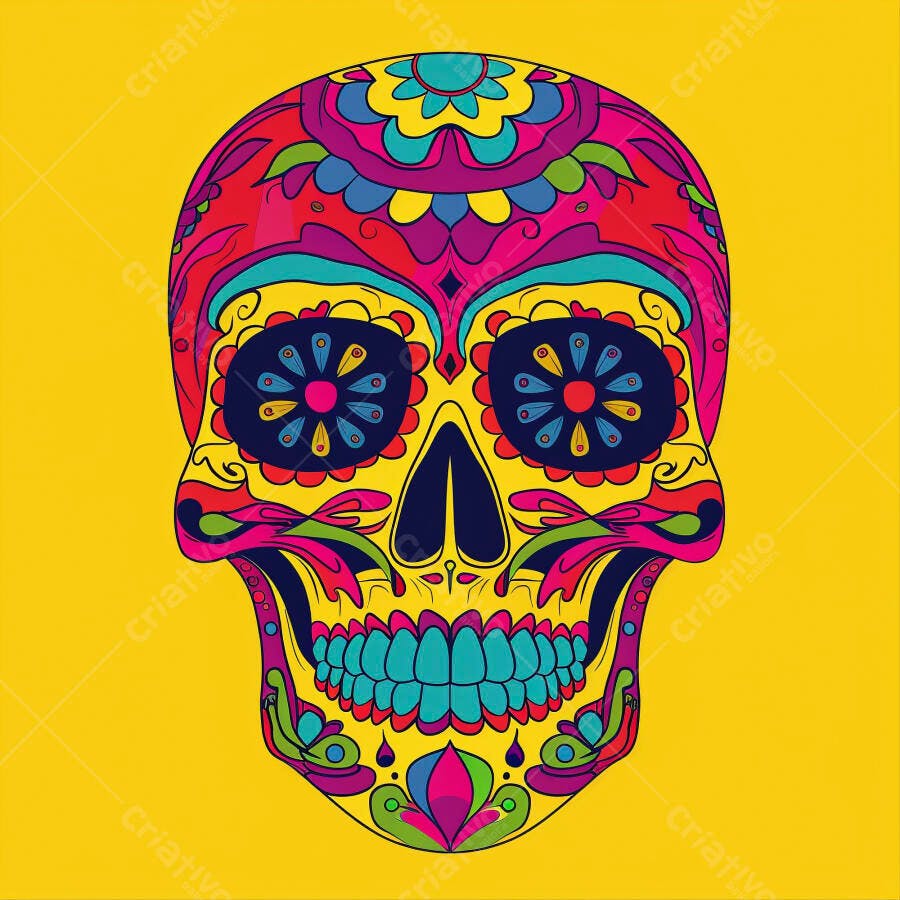 Caveira mexicana decorada com cores vibrantes para o Dia dos Mortos