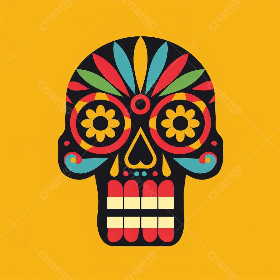 Caveira mexicana decorada com flores e cores vibrantes em fundo amarelo