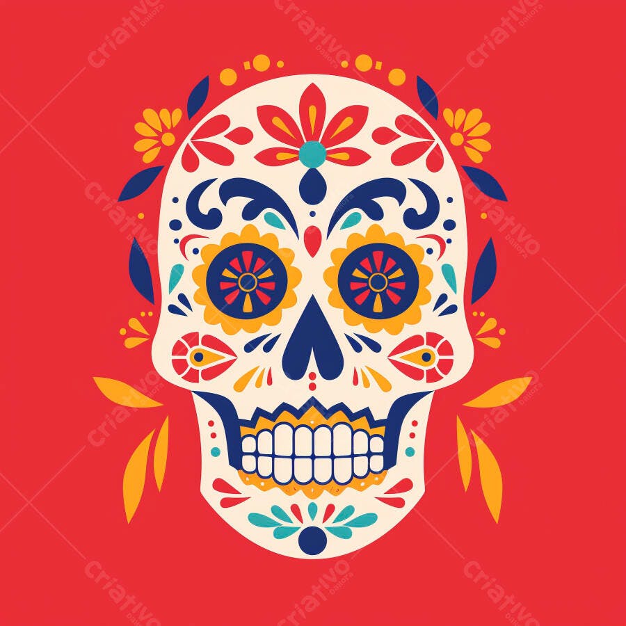 Calavera de açúcar vibrante com flores azuis e amarelas em fundo vermelho ilustração festiva