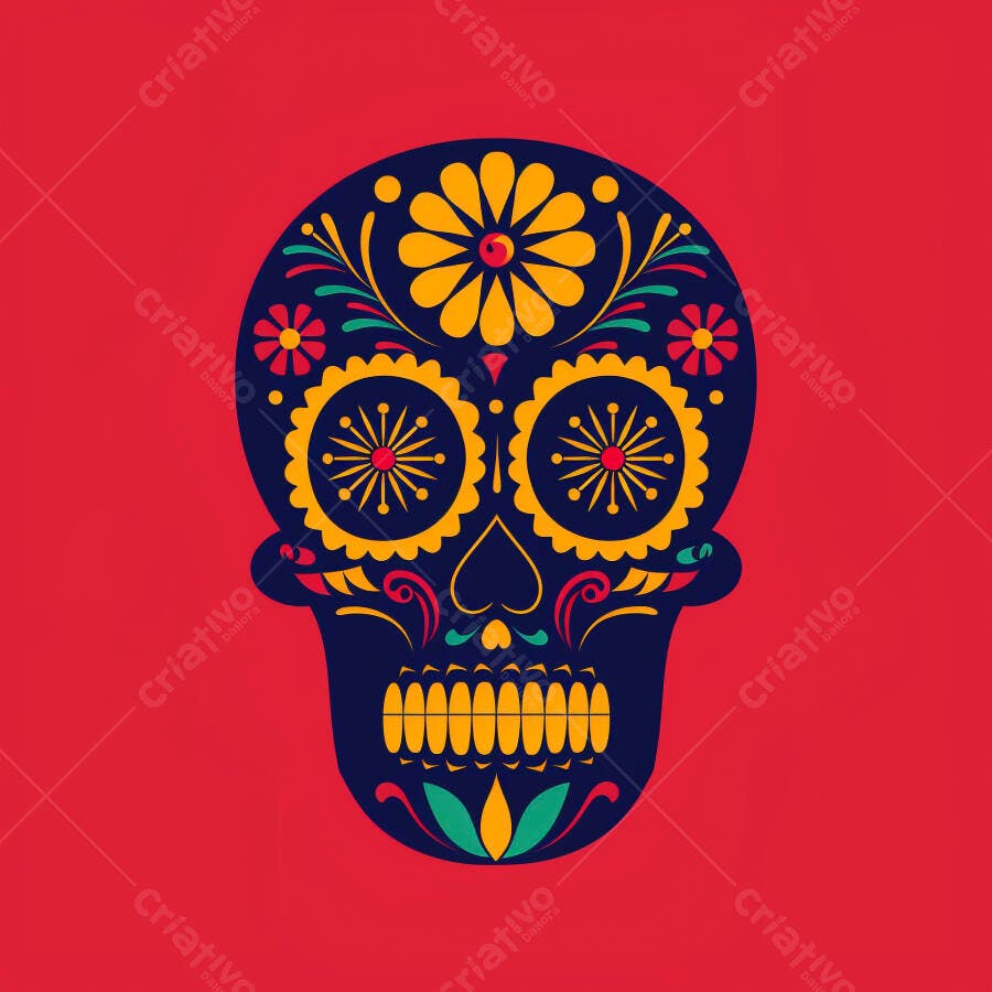 Calavera mexicana azul escura decorada com flores amarelas em fundo vermelho vibrante