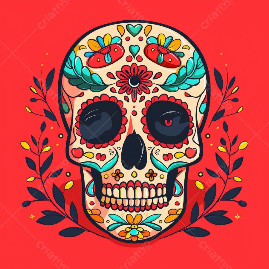 Caveira mexicana colorida para Dia dos Mortos em fundo vermelho vibrante