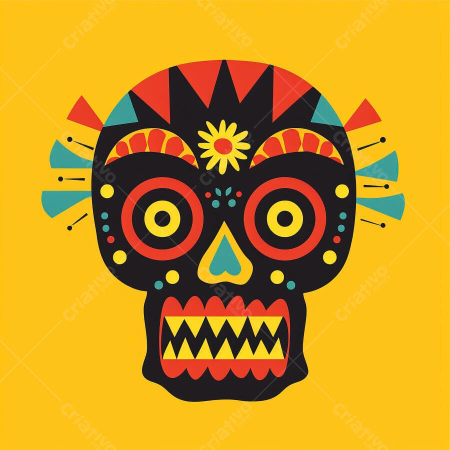 Caveira mexicana decorada colorida estilo flat design vibrante para Dia dos Mortos