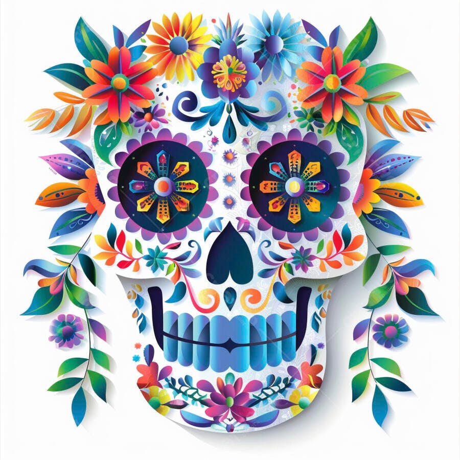 Caveira mexicana colorida vibrante com detalhes florais para Dia dos Mortos