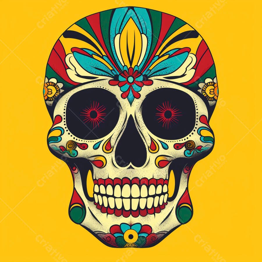 Caveira mexicana colorida com padrões florais em fundo amarelo vibrante