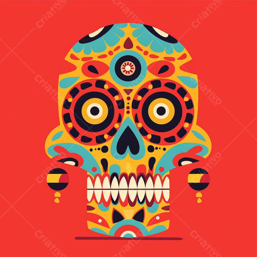 Crânio mexicano colorido ilustração vibrante Dia dos Mortos