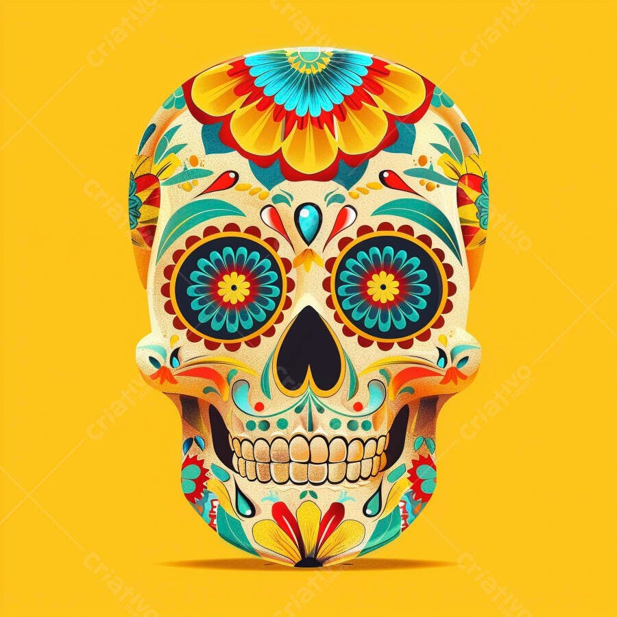 Calavera de azúcar mexicana colorida em fundo amarelo vibrante