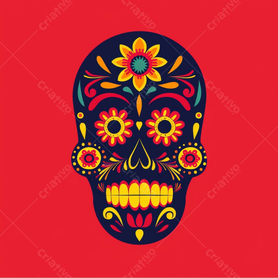 Caveira mexicana colorida com flores vibrantes e padrões para Dia dos Mortos