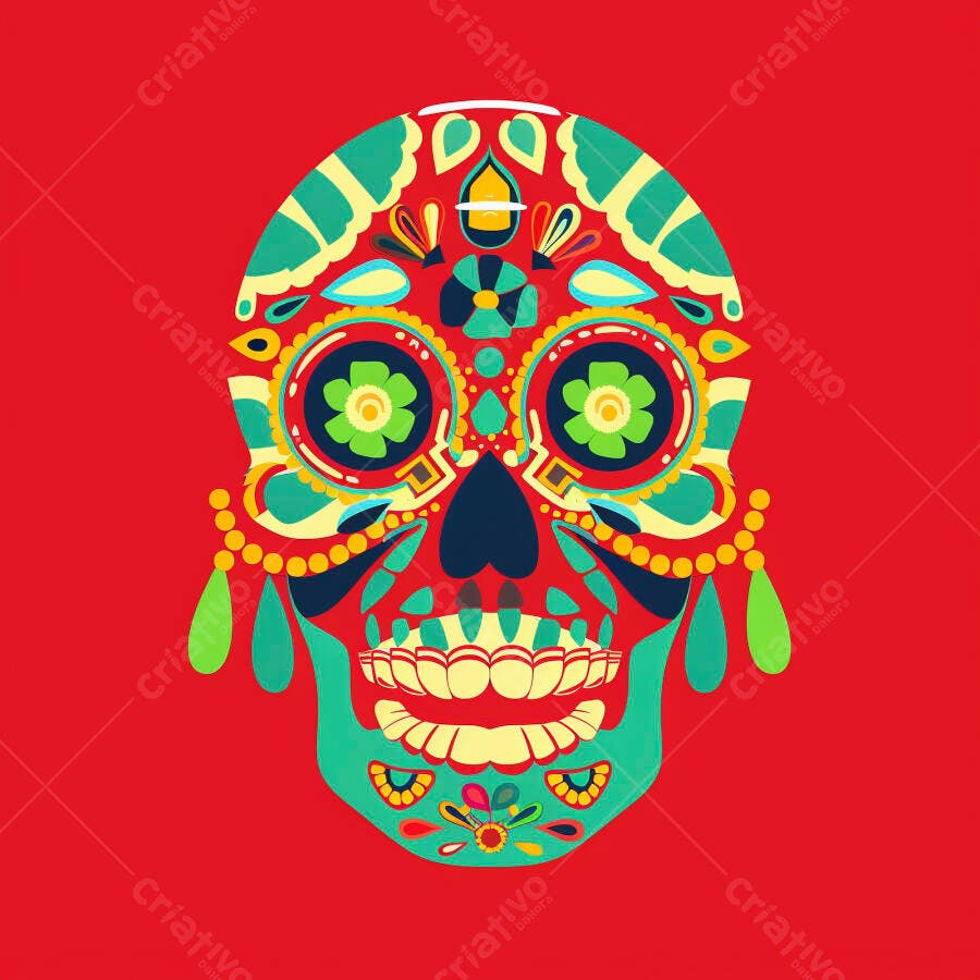 Calavera mexicana colorida fundo vermelho celebração Dia dos Mortos