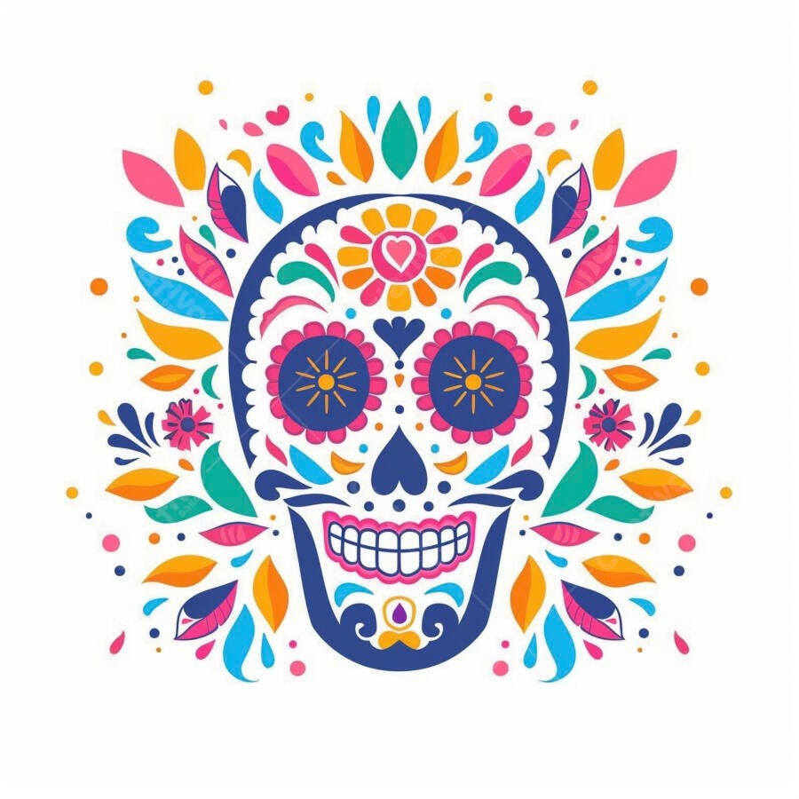 Calavera mexicana colorida ilustração floral vibrante para o Dia de Muertos