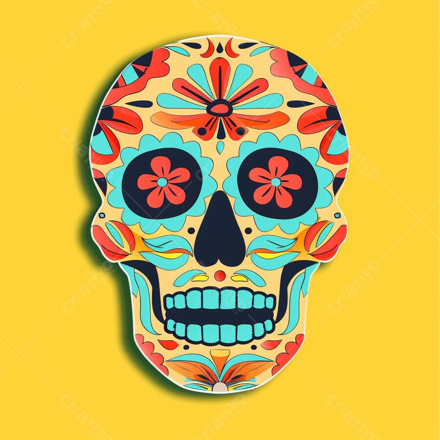 Calavera mexicana colorida Dia de Muertos fundo amarelo vibrante