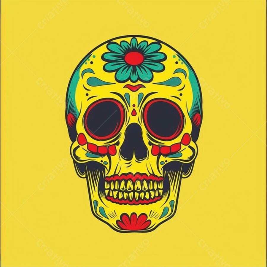 Calavera mexicana colorida com flores ilustração vibrante Dia dos Mortos em amarelo