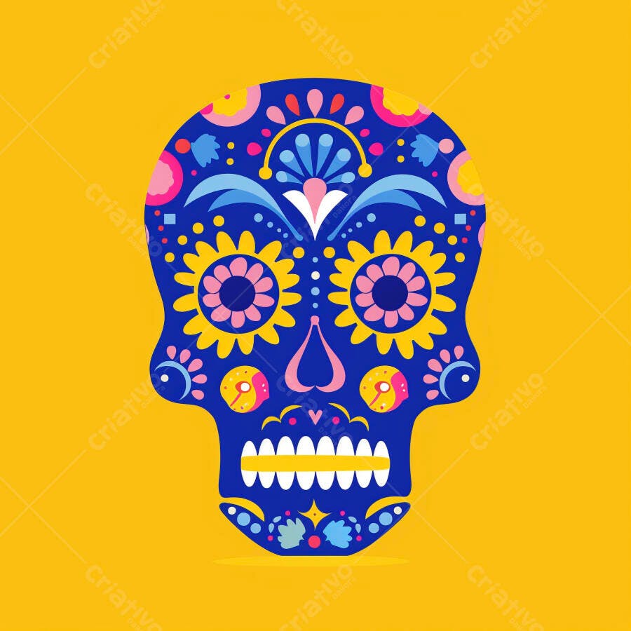 Caveira mexicana azul vibrante com padrões florais coloridos para Dia de los Muertos