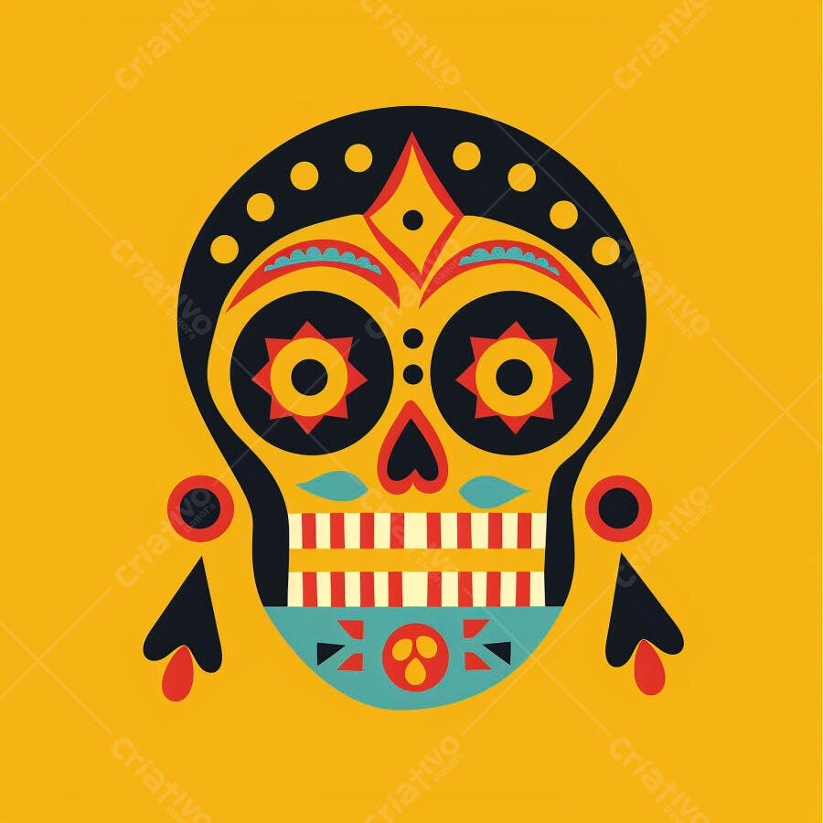 Caveira mexicana colorida decorada para Dia de Muertos em fundo amarelo