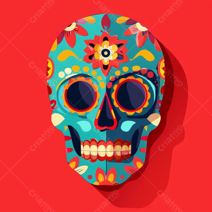 Caveira mexicana decorada com flores e padrões vibrantes para Dia de los Muertos