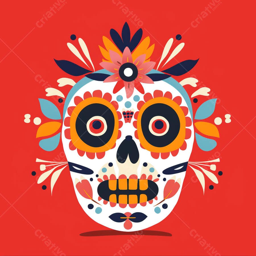 Calavera mexicana Dia de los Muertos com decoração floral vibrante