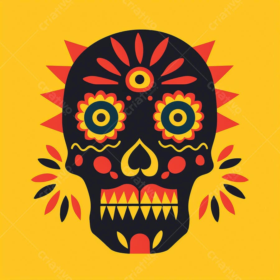Calavera mexicana colorida com flores e dentes pontudos em fundo amarelo