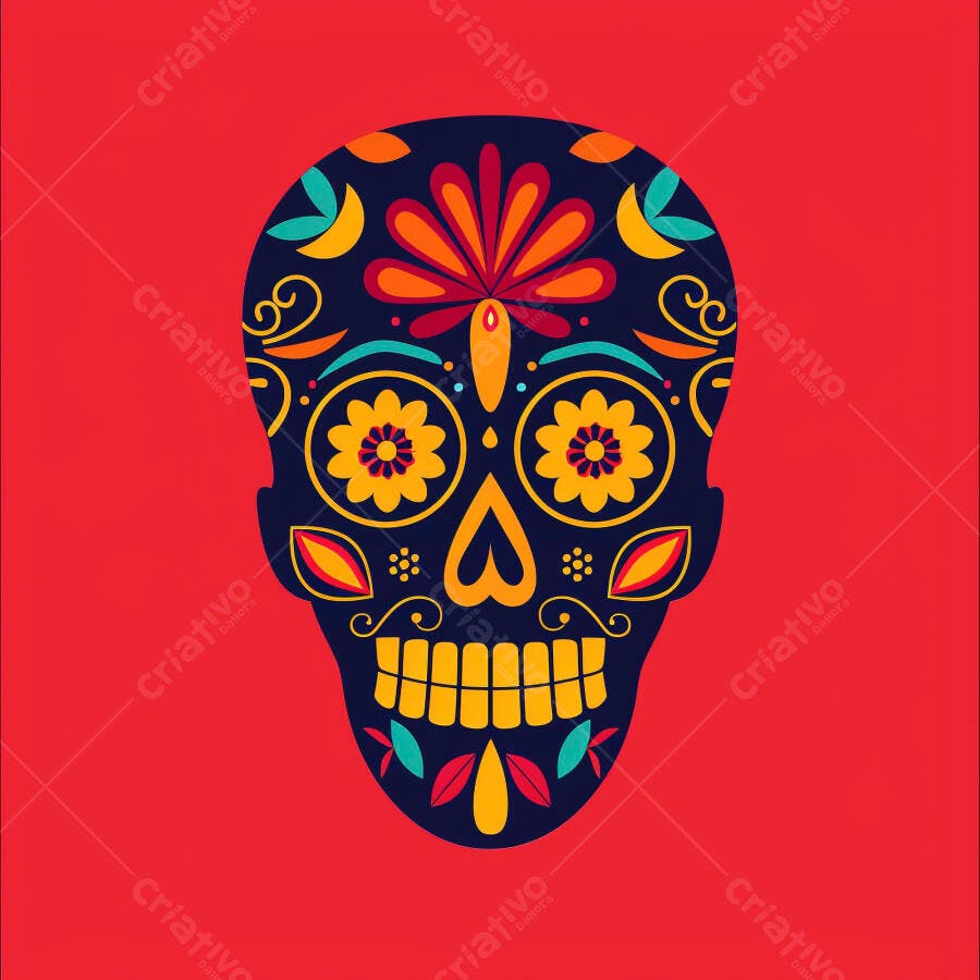 Crânio de açúcar mexicano colorido para Dia dos Mortos em fundo vermelho vibrante