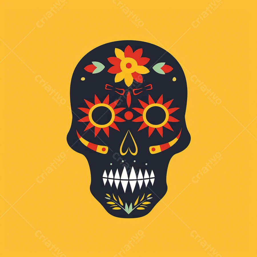 Calavera mexicana colorida com flores em fundo amarelo Dia de los Muertos
