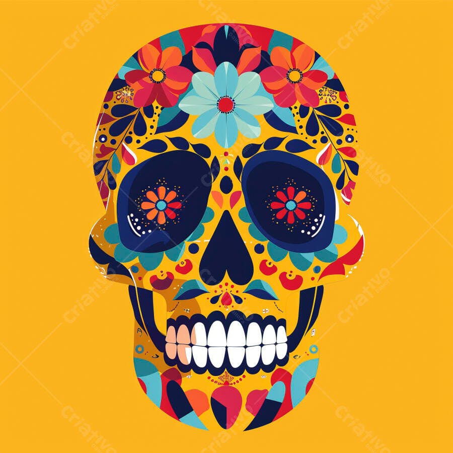 Calavera mexicana colorida com flores vibrantes e fundo amarelo para Dia dos Mortos