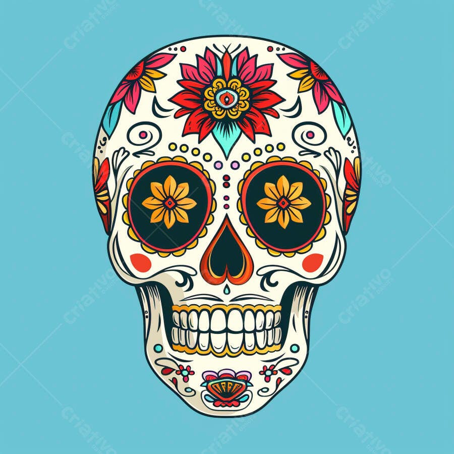 Calavera mexicana colorida com flores vibrantes para o Dia de Muertos