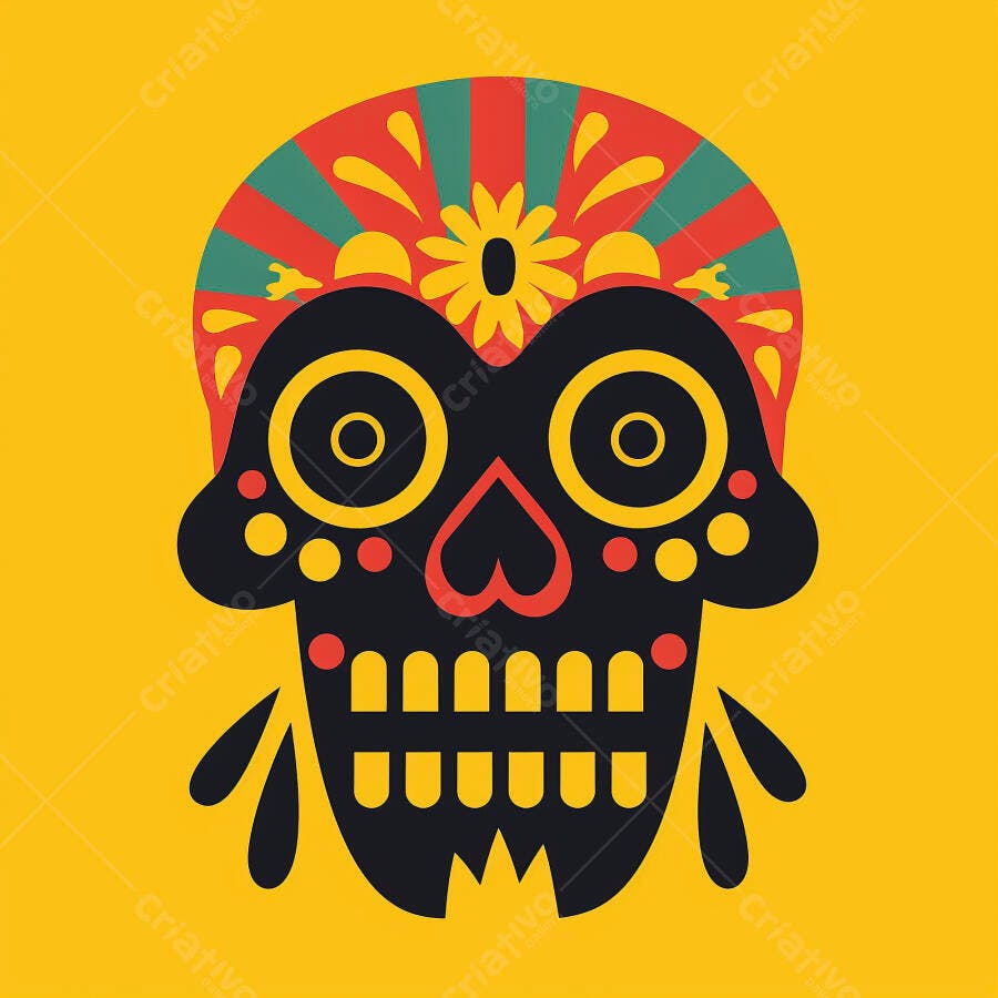 Caveira mexicana preta e colorida com flores ilustração Dia de los Muertos alegre