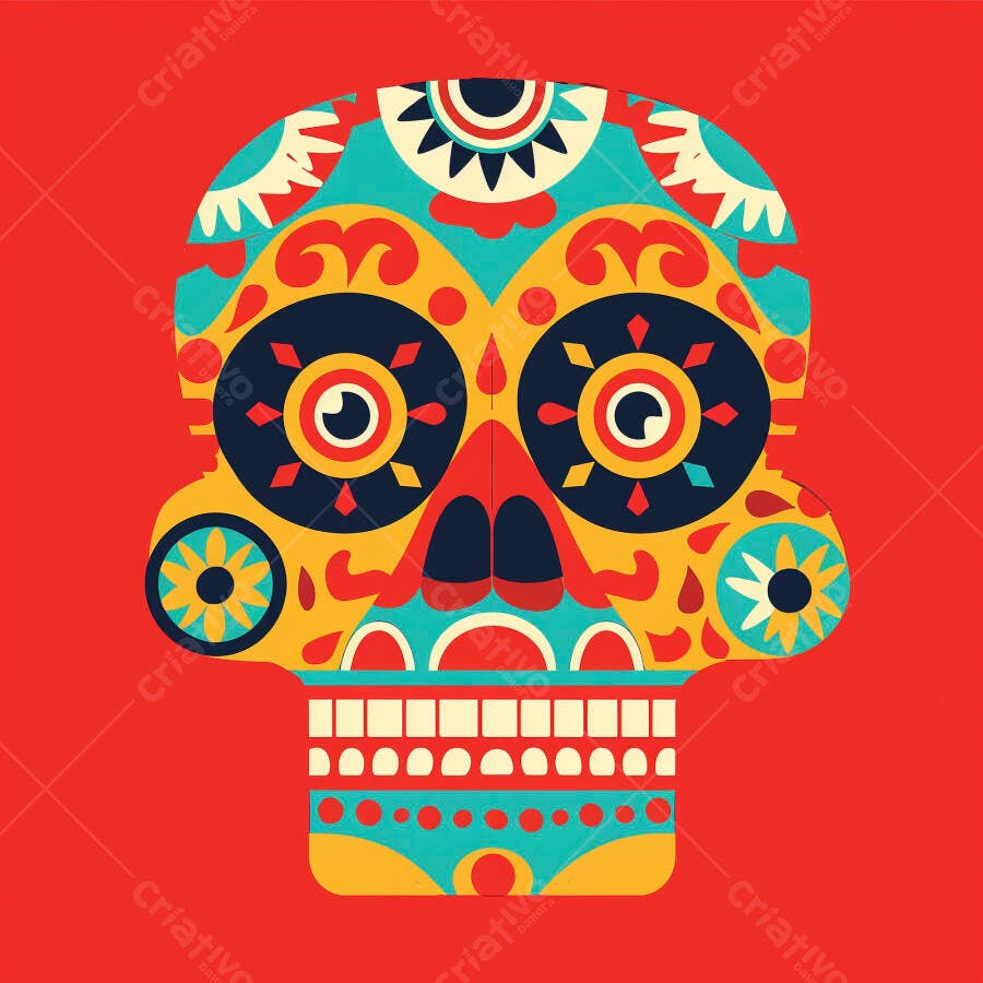 Caveira mexicana decorada com padrões vibrantes Dia dos Mortos