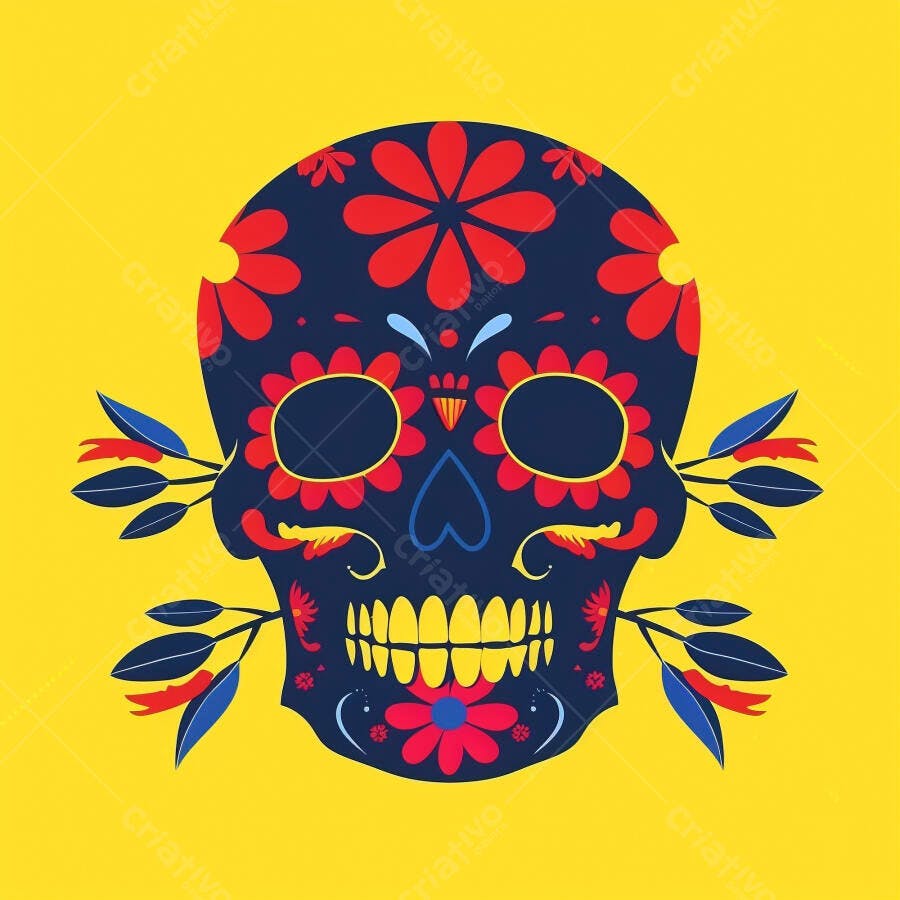 Caveira mexicana decorada azul com flores vermelhas e dentes amarelos em fundo vibrante