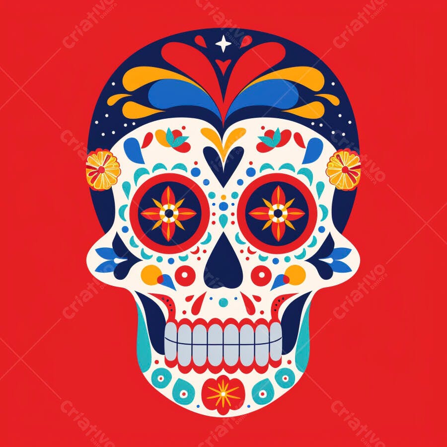 Calavera mexicana decorada colorida para Dia de los Muertos com fundo vermelho