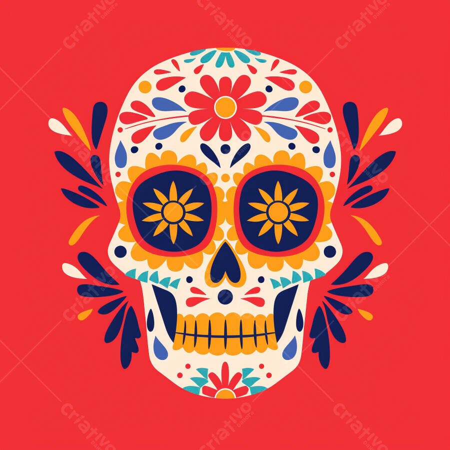 Crânio mexicano decorado colorido para Dia dos Mortos em fundo vermelho