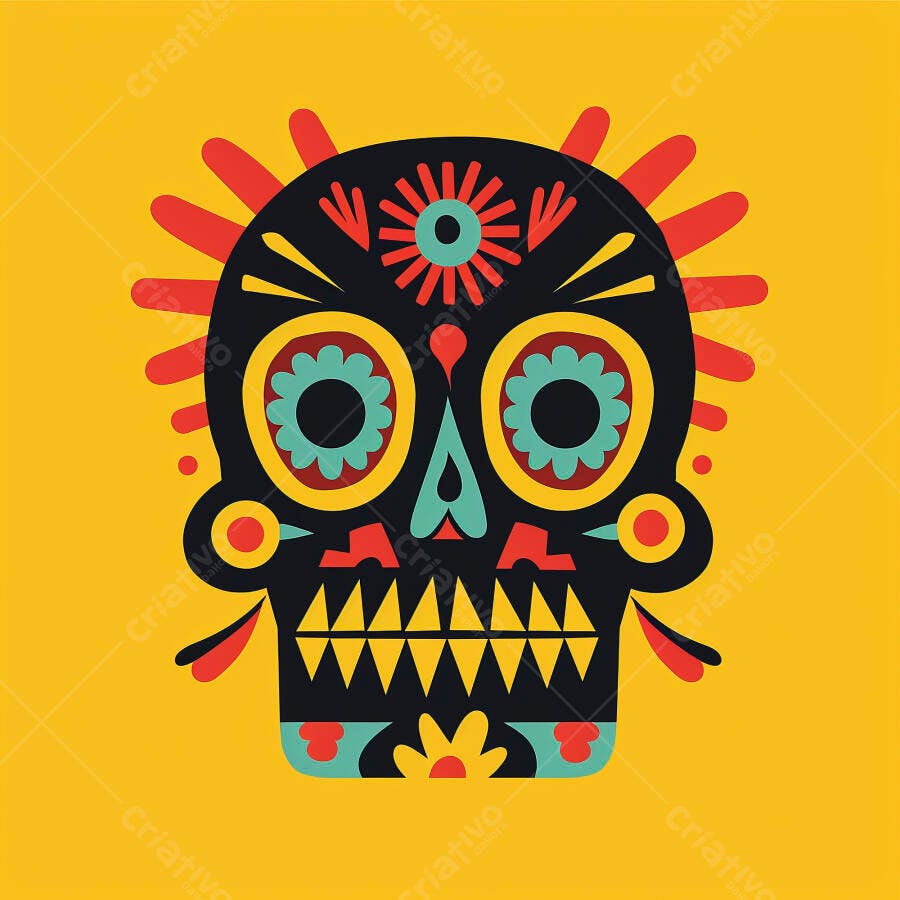Caveira mexicana colorida ilustração Dia dos Mortos fundo amarelo vibrante