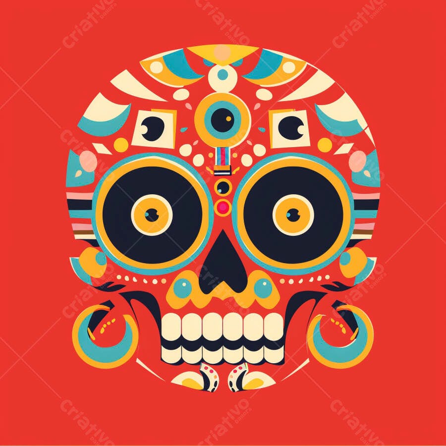 Calavera mexicana decorada com cores vibrantes azul amarelo vermelho para Dia dos Mortos
