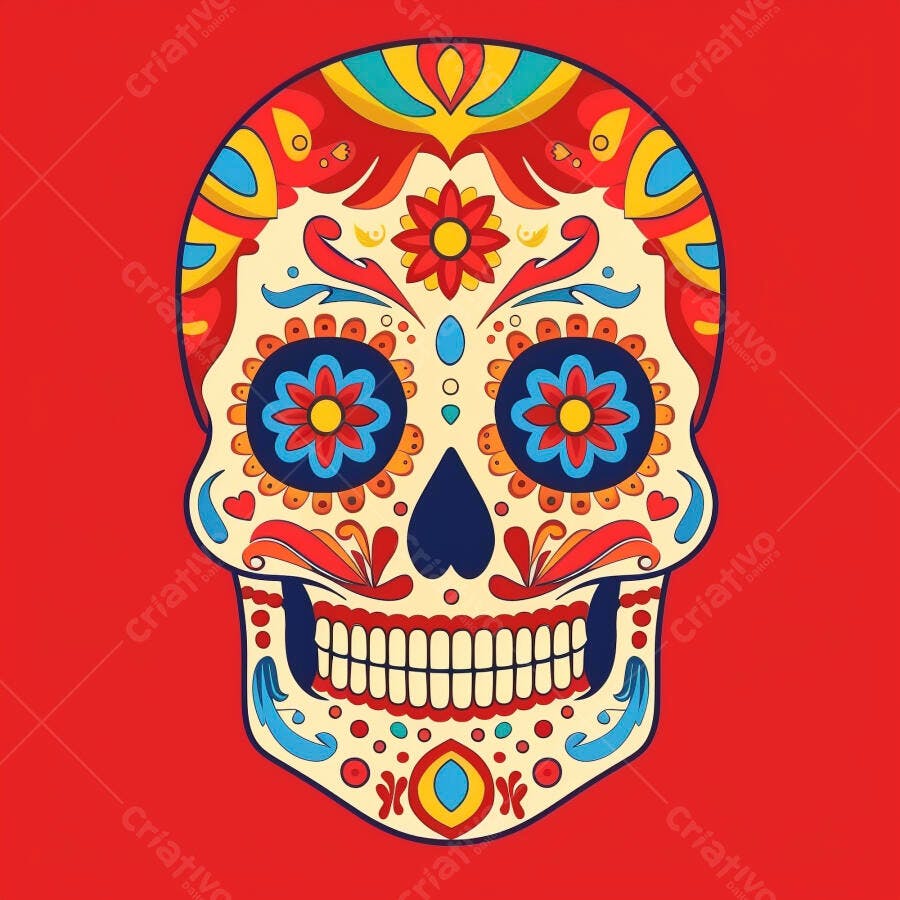 Caveira mexicana colorida ilustração vibrante Dia dos Mortos