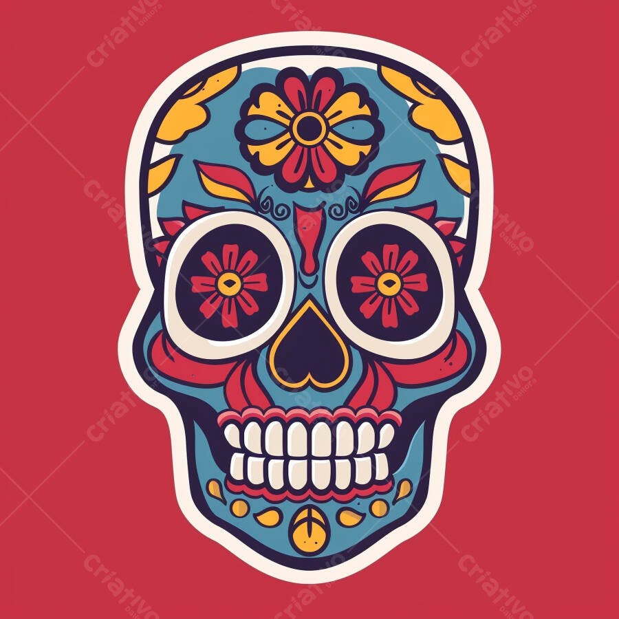 Caveira mexicana colorida para Dia dos Mortos em fundo vermelho vibrante