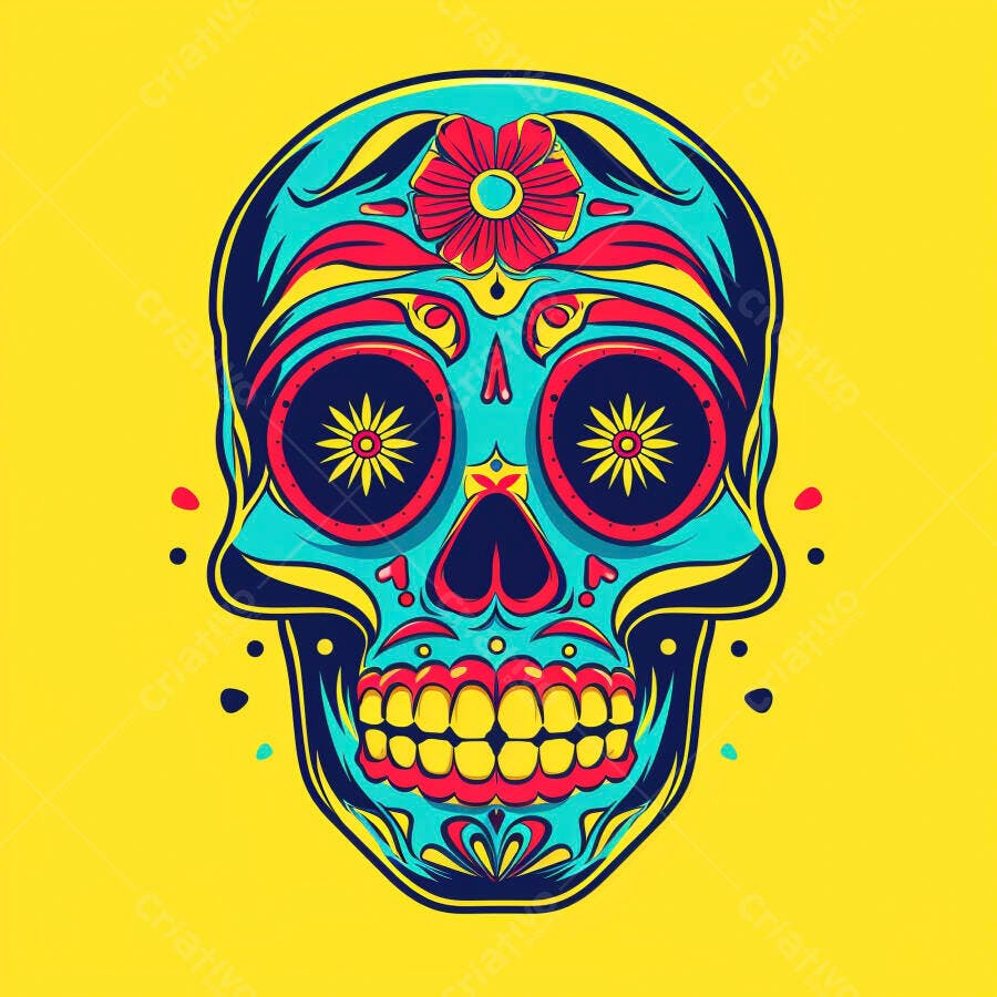 Calavera mexicana colorida ilustração vibrante Dia dos Mortos