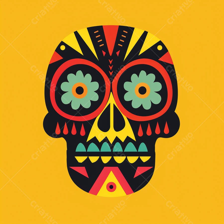 Calavera mexicana preta e colorida com flores para Dia de los Muertos fundo amarelo