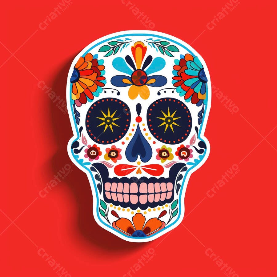 Calavera mexicana colorida com flores vibrantes para Dia de Muertos
