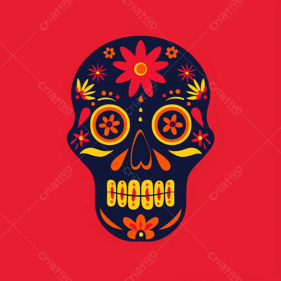 Caveira mexicana decorada com flores em azul amarelo laranja para o Dia dos Mortos