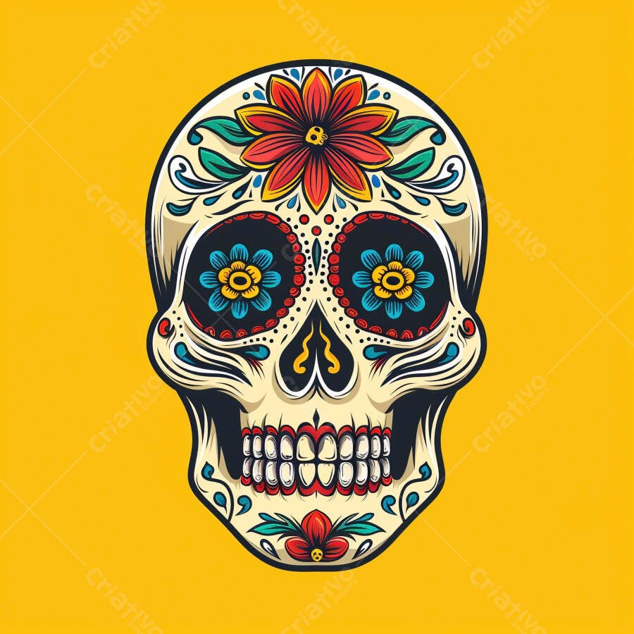 Calavera mexicana colorida com flores vibrantes e fundo amarelo