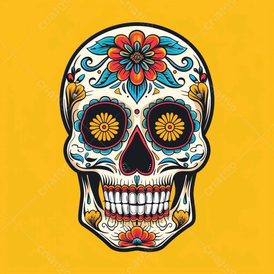 Calavera de açúcar colorida Dia dos Mortos em fundo amarelo vibrante