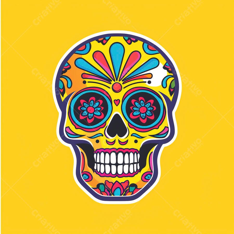 Calavera mexicana colorida vibrante para o Dia dos Mortos fundo amarelo