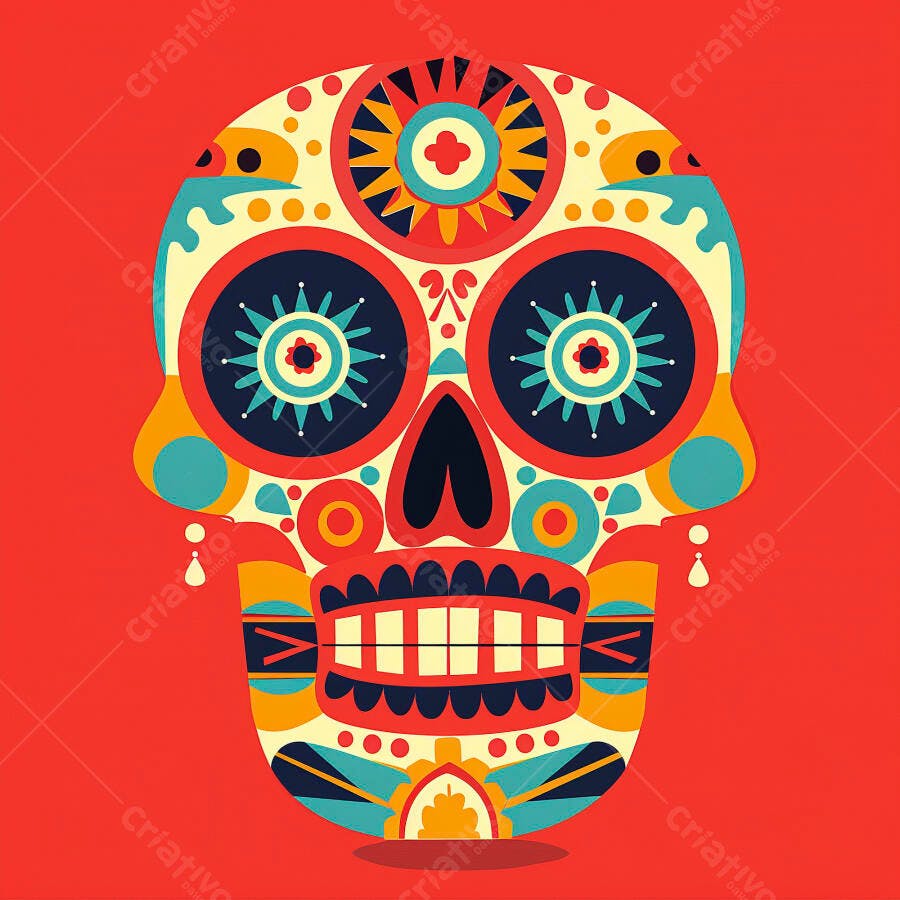 Calavera mexicana vibrante colorida azul amarelo vermelho Dia dos Mortos
