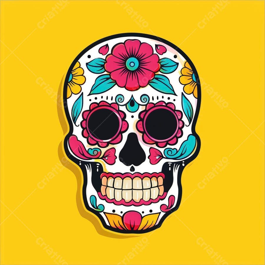 Caveira mexicana colorida decorada com flores em fundo amarelo Dia dos Mortos