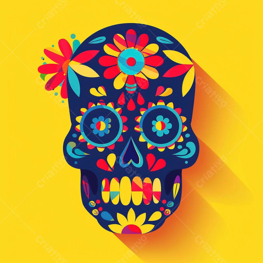 Calavera mexicana colorida com flores e sombra Dia dos Mortos