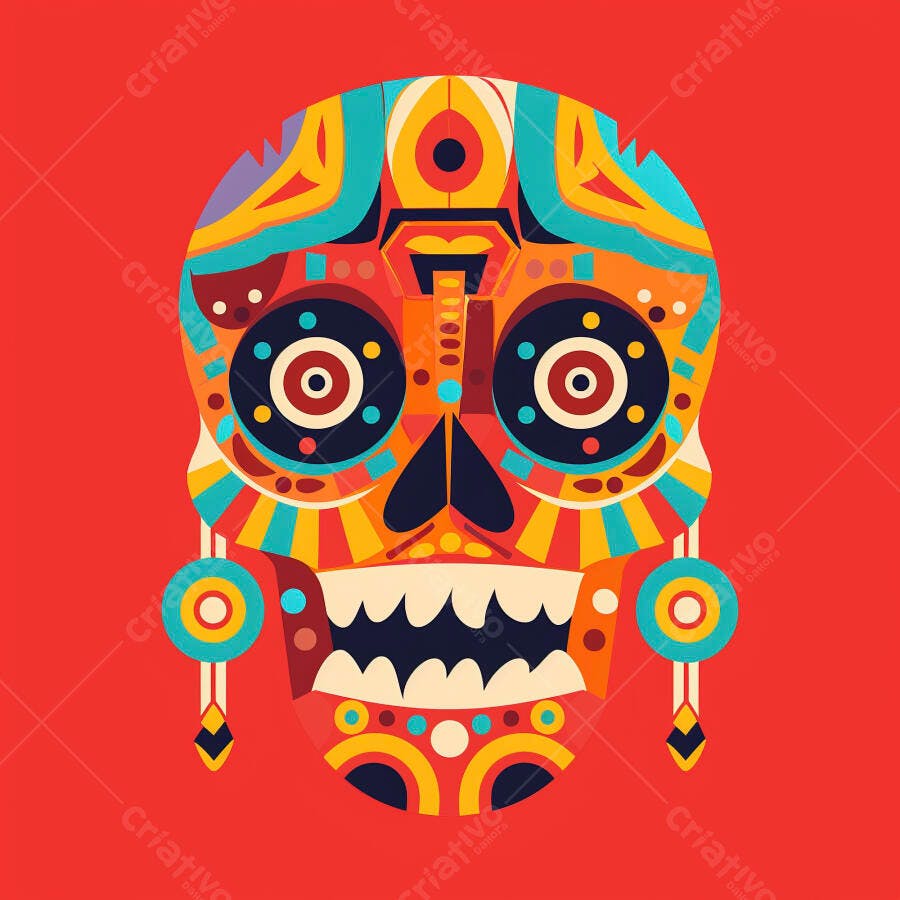 Caveira mexicana colorida para o Dia dos Mortos em fundo vermelho vibrante