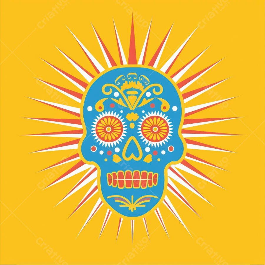 Caveira mexicana azul decorada com padrões florais e raios de sol vibrantes