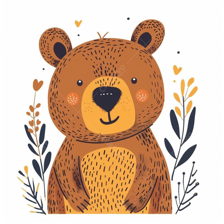 Urso pardo desenho infantil fofo com folhagem botânica sorrindo