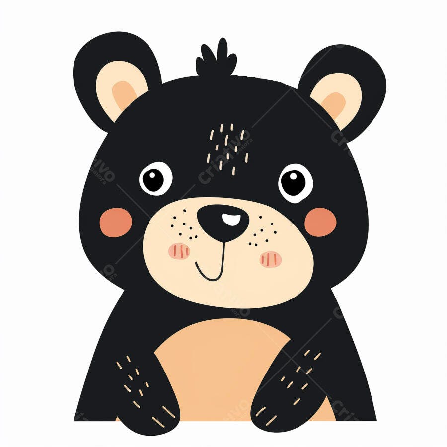Urso preto de desenho fofo sorrindo com bochechas rosadas ilustração infantil
